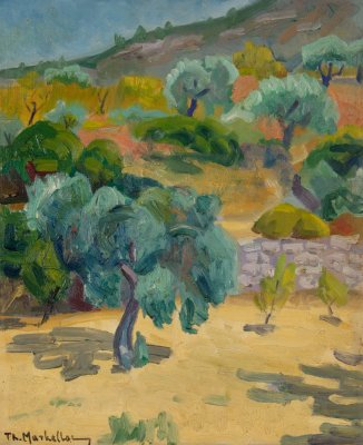 Olive Trees — Oil painting, Fiberboard, 38.00×46.00cm — Theodoros Markellos